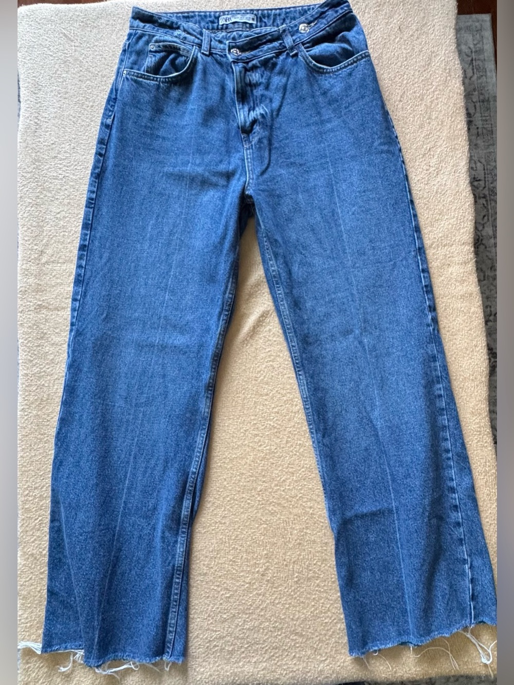 Zara Wide-Leg Flare Jeans in Blue Denim with Asymmetrical Button detail